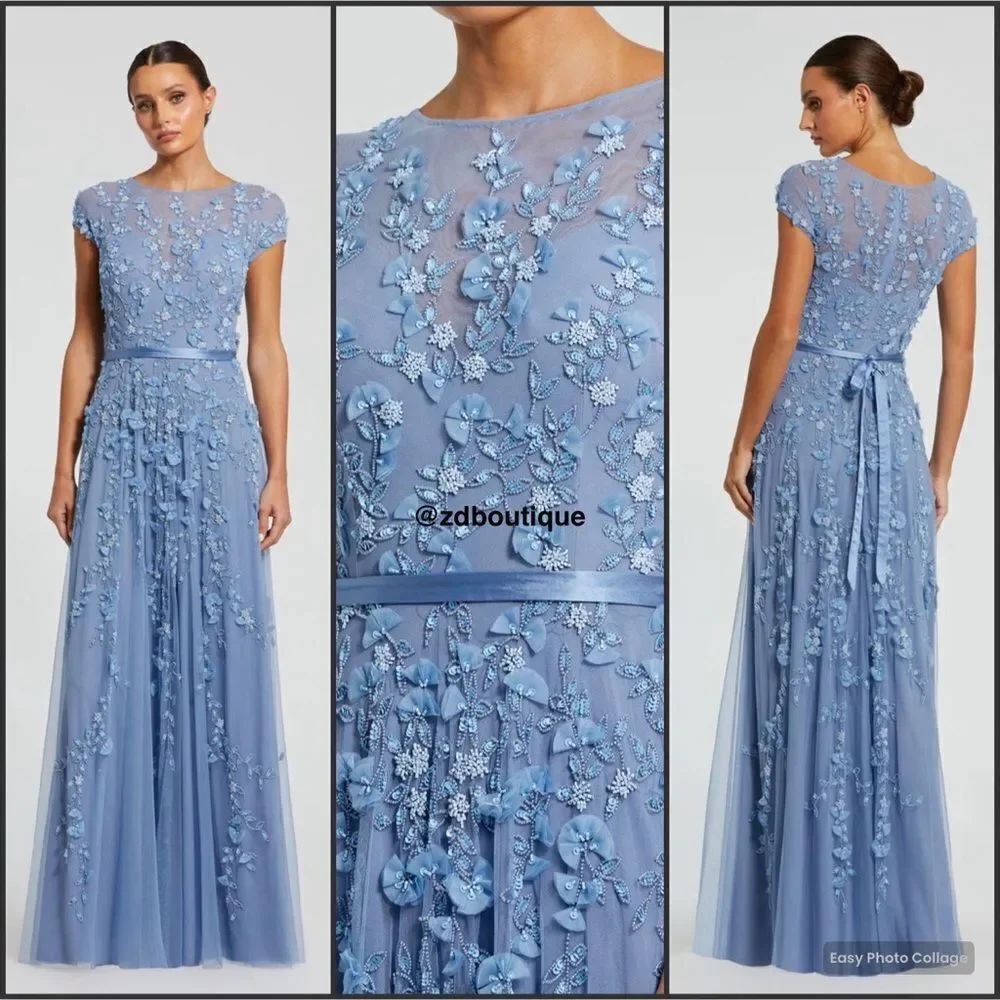 MAC DUGGAL Size 10 Blue Floral Beaded Tie Waist Short Sleeve Maxi Gown Dress